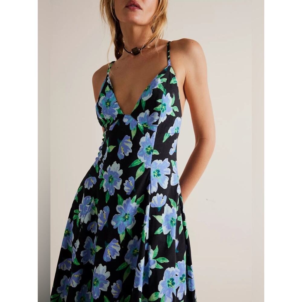 Free People Finer Things Printed Halter Midi Dress Black Combo Large Tropical View 6